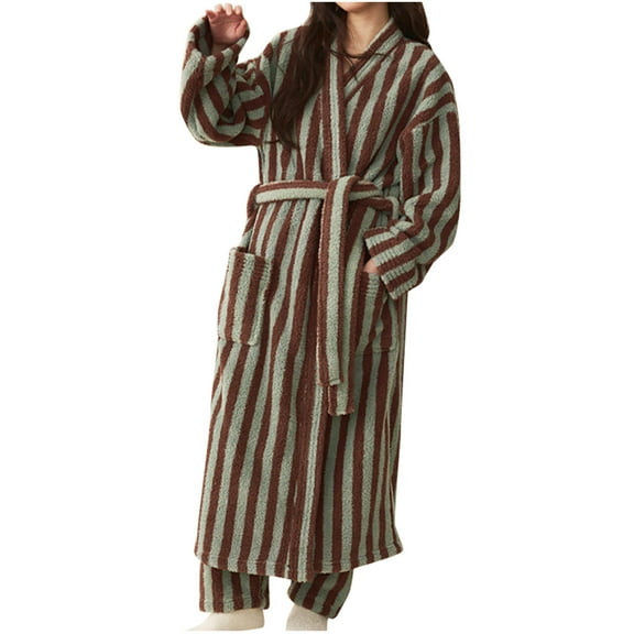 Kaemgyyd Womens Plush Fleece Robe Cozy Winter Warm Stripe Bathrobe Fashion Lounge Fuzzy Belted Sleepwear with Pockets
