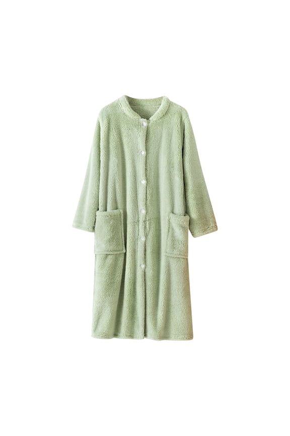 Womens Plush Robe Soft Loose Long Sleeve Bathrobe Winter Warm Button down Crew Neck Loungewear with Pockets