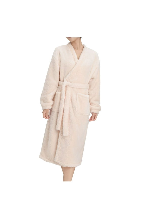 Womens Plush Soft Robe Fashion Winter Warm Fleece Sherpa Long Sleeve Belted Midi Bathrobe with Pockets