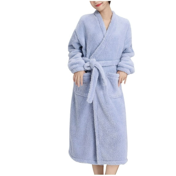 Kaemgyyd Womens Plush Soft Robe Fashion Winter Warm Fleece Sherpa Long Sleeve Belted Midi Bathrobe with Pockets