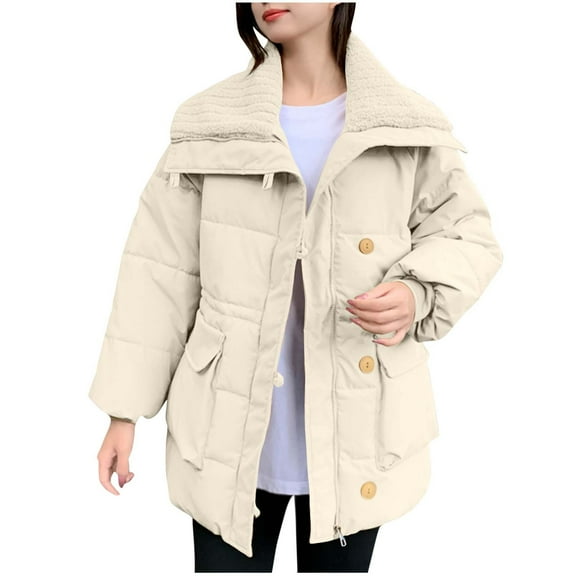 Kaemgyyd Womens Quilted Jackets Casual Loose Zip up Winter Warm Coat Long Sleeve Collar Lightweight Outwear with Pockets
