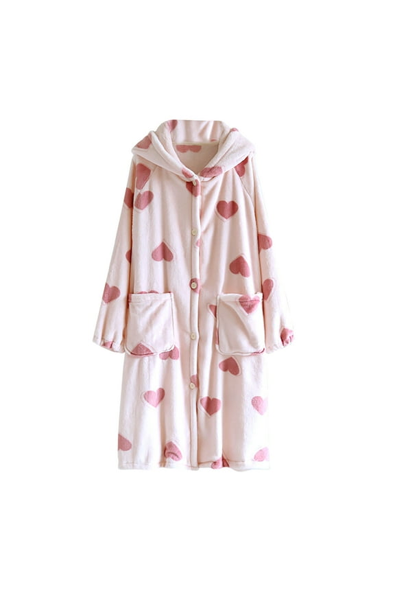Womens Robe Fuzzy Plush Button down Bathrobe Hooded Robes for Women Fashion Printing Sleepwear with Pockets