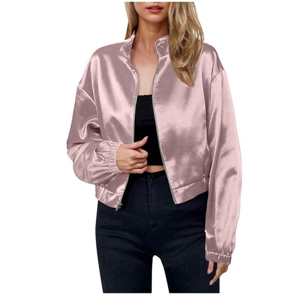 Kaemgyyd Womens Satin Jacket Fall Spring Long Sleeve Silk Coat Lightweight Stand Collar Zipper Cropped Shacket Jacket Outwear