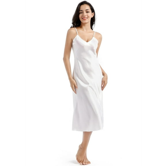 Kaemgyyd Women's Satin Nightgown Silk Sleeveless Spaghetti Strap Long Loungewear V Neck Loose Maxi Sleep Dress
