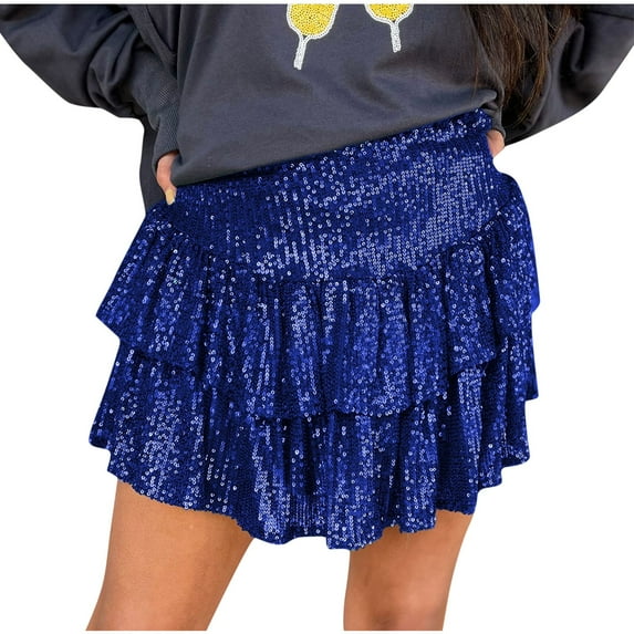 Kaemgyyd Womens Sequin Skirt Sparkly Cute High Waist Ruffle Flowy Glitter Mini Short Skirts Layered Night out Party Clubwear