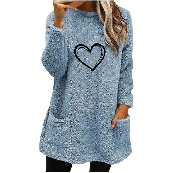 Kaemgyyd Womens Sherpa Fleece Lined Pullover Winter Warm Crew Neck Plus Size Sweatshirt Fuzzy Plush Heart Tunic Tops Loungewear