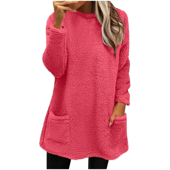 Kaemgyyd Womens Sherpa Long Sleeve Tops Winter Warm Fleece Lined Pullover Cute Crew Neck Sweatshirts with Pockets