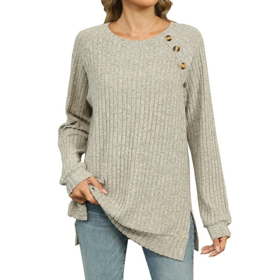 Kaemgyyd Womens Shirt Long Sleeve Button Tops Crew Neck Classic Knit Sweater Solid Color Side Slit Pullover Fall