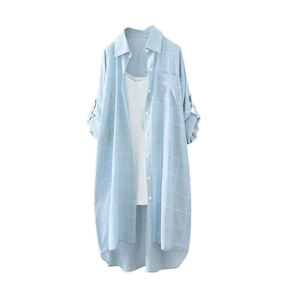 Kaemgyyd Womens Shirts Oversized Plaid Roll up Long Sleeve Mid-Long Button down Pocketed Blouse Tops Fall