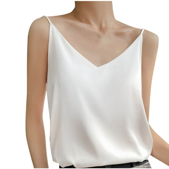 Kaemgyyd Womens Silk Satin Cami Top Plus Size V Neck Basic Shirt Casual Sleeveless Spaghetti Strap Blouses Summer Outfit
