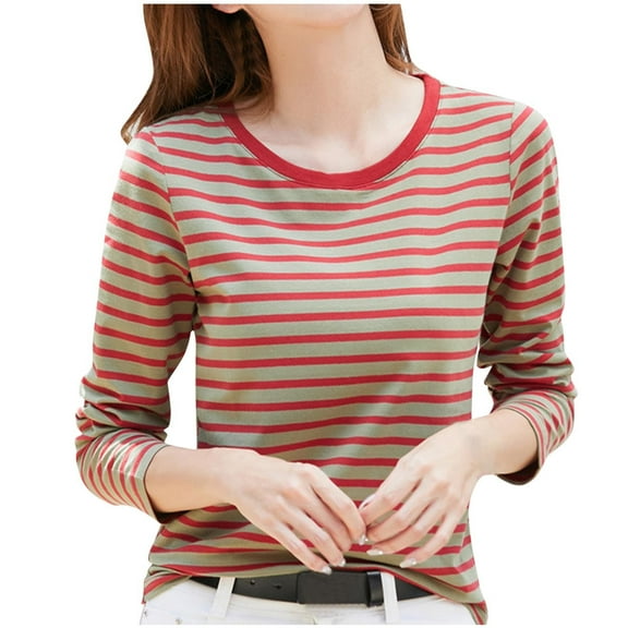 Kaemgyyd Womens Striped Long Sleeve Shirt Soft Comfy Crew Neck Tops Casual Loose Basic Tees Fall Trendy Clothing
