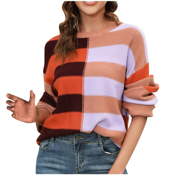 Kaemgyyd Womens Striped Oversized Sweater Crew Neck Long Sleeve Knitted Top Color Block Lightweight Casual Pullover
