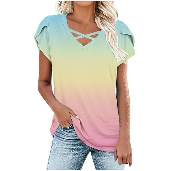 Kaemgyyd Womens Summer Tops Gradient Short Sleeve T Shirts Cute Cutout Trendy Dressy Casual V Neck Loose Fit Blouse