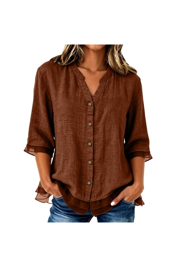 Womens Summer Tops 3/4 Length Sleeve Blouse Button down Henley V Neck Shirts Patchwork Mash Ruffle Hem Clothes
