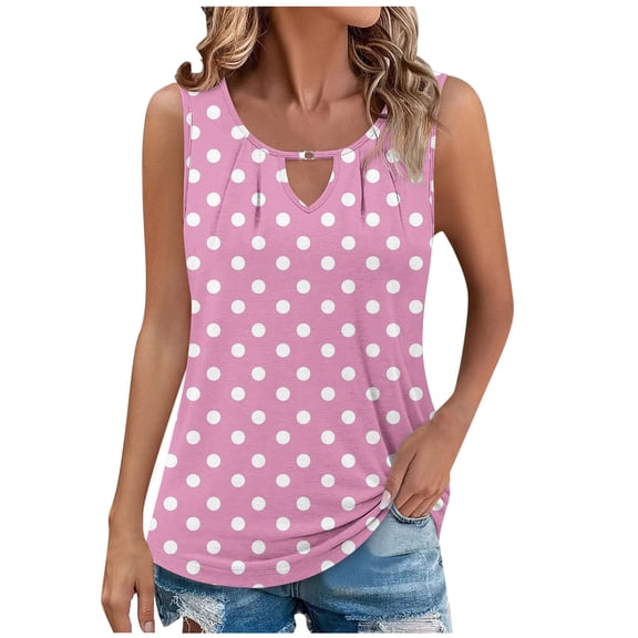 Kaemgyyd Womens Summer Tops Casual Crew Neck Sleeveless Pleated Spring Outfits Polka Dot Hollow out Dressy Work Shirt