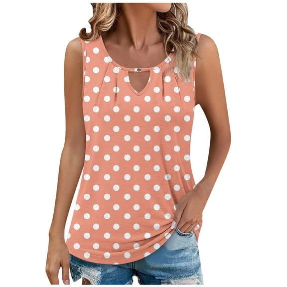 Kaemgyyd Womens Summer Tops Casual Crew Neck Sleeveless Pleated Spring Outfits Polka Dot Hollow out Dressy Work Shirt