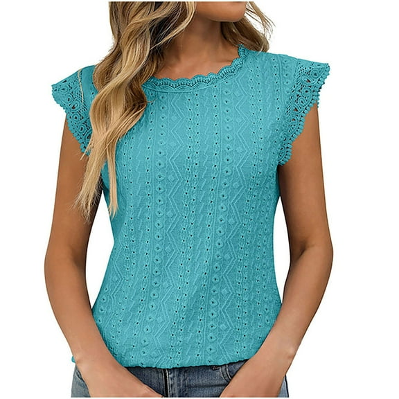 Kaemgyyd Womens Summer Tops Cute Fashion Lace Hollow out 1/4 Sleeve T Shirts Casual Solid Crew Neck Outfits Clothes