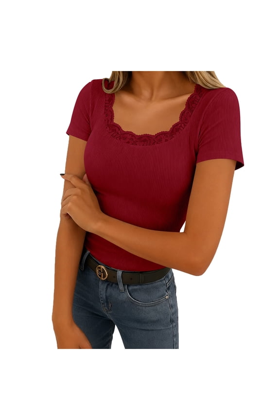 Womens Summer Tops Lace Square Neck Short Sleeve T-Shirts Ribbed Knit Going out Tee Fitted Slim Basic Tight Shirts