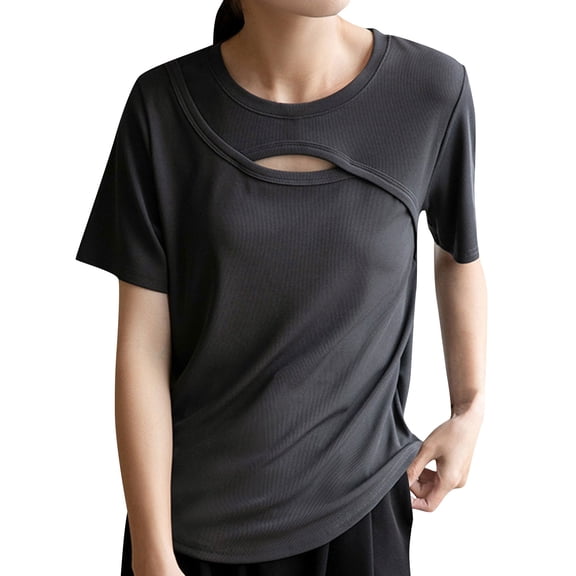 Kaemgyyd Womens Summer Tops Lightweight Short Sleeve Cutout Shirt Casual Crew Neck Loose Fit Work Tee Streetwear