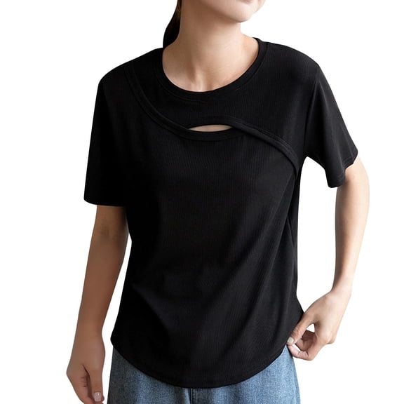 Kaemgyyd Womens Summer Tops Lightweight Short Sleeve Cutout Shirt Casual Crew Neck Loose Fit Work Tee Streetwear