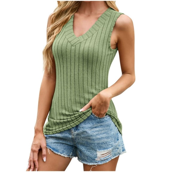 Kaemgyyd Womens Summer Tops Spring Vest Tank Shirt V Neck Ribbed Sleeveless Loose Trendy Clothes Casual Outfits