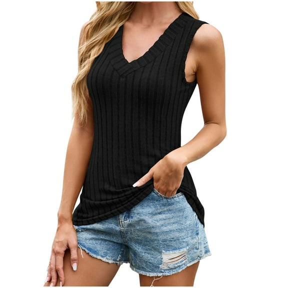 Kaemgyyd Womens Summer Tops Spring Vest Tank Shirt V Neck Ribbed Sleeveless Loose Trendy Clothes Casual Outfits