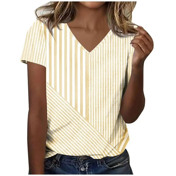 Kaemgyyd Womens Summer Tops Trendy Striped V Neck T Shirts Loose Casual Short Sleeve Fashion Clothes