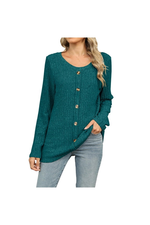 Womens Swear Long Sleeve Button down Tops Crew Neck Classic Knit Pullover Solid Color Shirt Fall