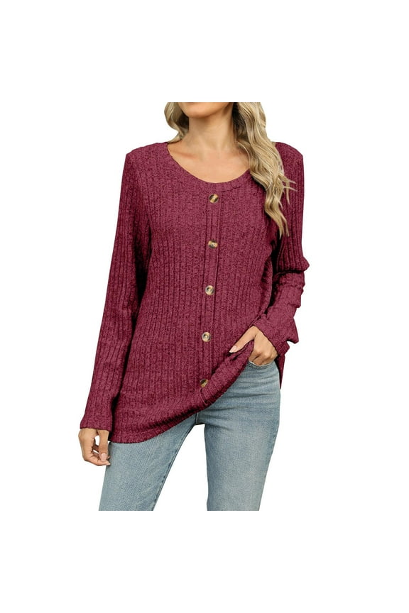 Womens Swear Long Sleeve Button down Tops Crew Neck Classic Knit Pullover Solid Color Shirt Fall