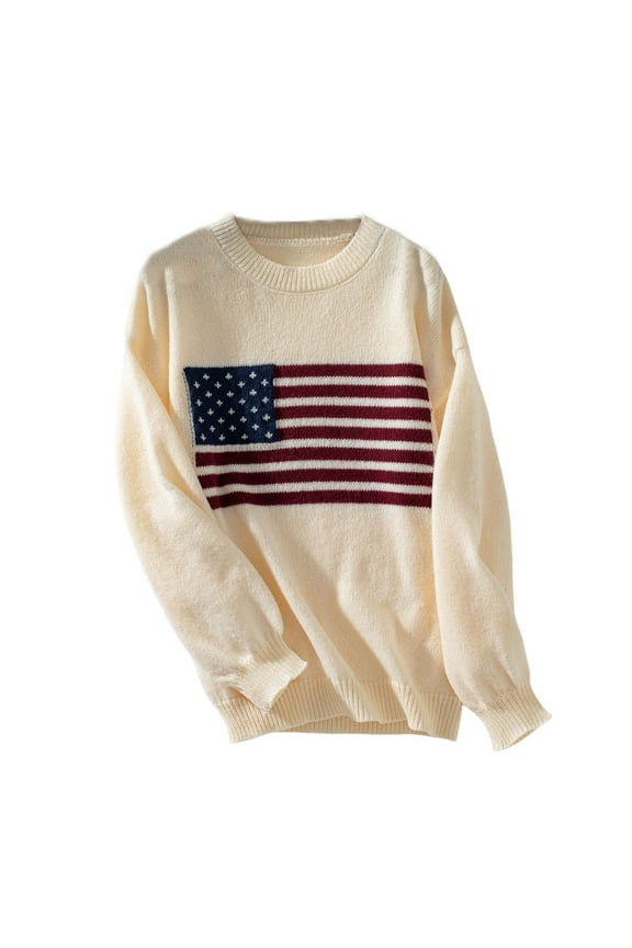 Womens Sweater Stars Stripes Print Long Sleeve Round Neck Knit Tops Casual Vintage Soft Pullover Fall Clothing