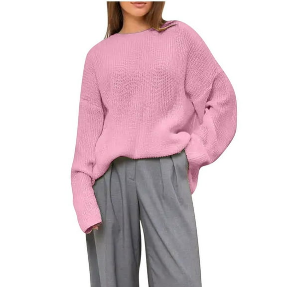 Kaemgyyd Womens Sweaters Crew Neck Long Sleeve Lightweight Knit Pullover Solid Fall Fashion Oversized Drop-Shoulder Tops