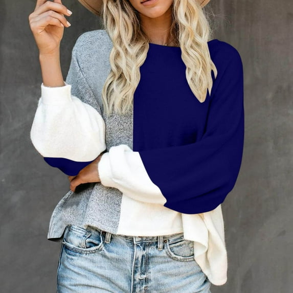Kaemgyyd Womens Sweaters Fall Fashion Long Sleeve Color Block Oversized Pullover Trendy Casual Crew Neck Knitted Tops