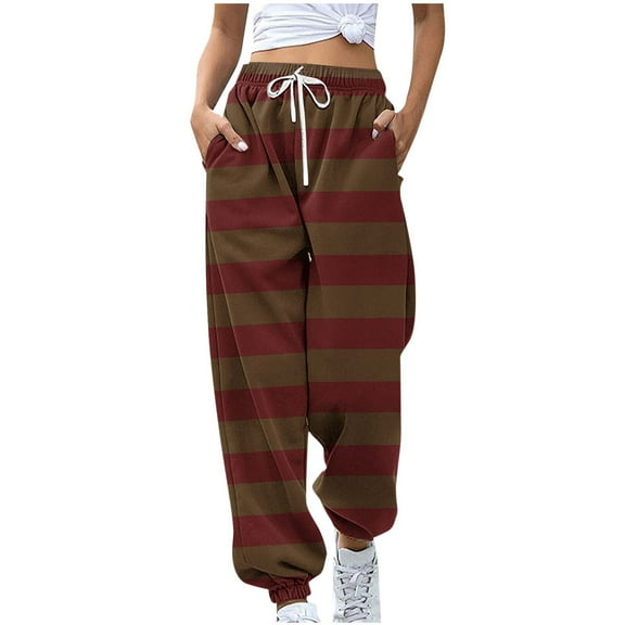 Kaemgyyd Womens Sweatpants Casual Stripe Elastic High Waisted Workout Pants Drawstring Loose Joggers Running Trousers with Pocket