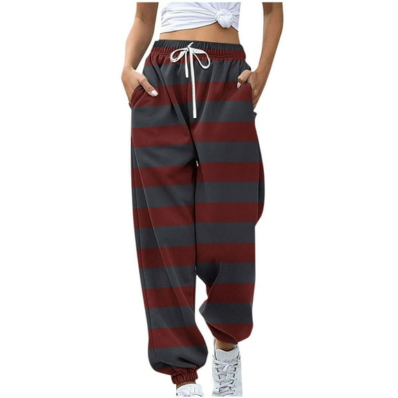 Kaemgyyd Womens Sweatpants Casual Stripe Elastic High Waisted Workout Pants Drawstring Loose Joggers Running Trousers with Pocket