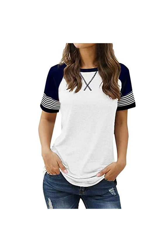Womens T Shirts Stylish Striped Short Sleeve Crew Neck Tops Casual Fashion Color Block Summer Loose Fit Tees