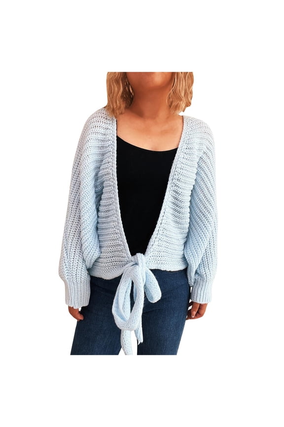 Womens Tie Knot Cardigan Summer Long Sleeve Crochet Knit Cover up Crop Tops Lightweight Solid Color Open Front Fall Tops