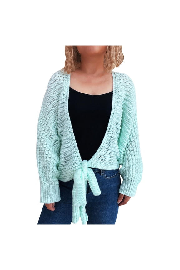 Womens Tie Knot Cardigan Summer Long Sleeve Crochet Knit Cover up Crop Tops Lightweight Solid Color Open Front Fall Tops