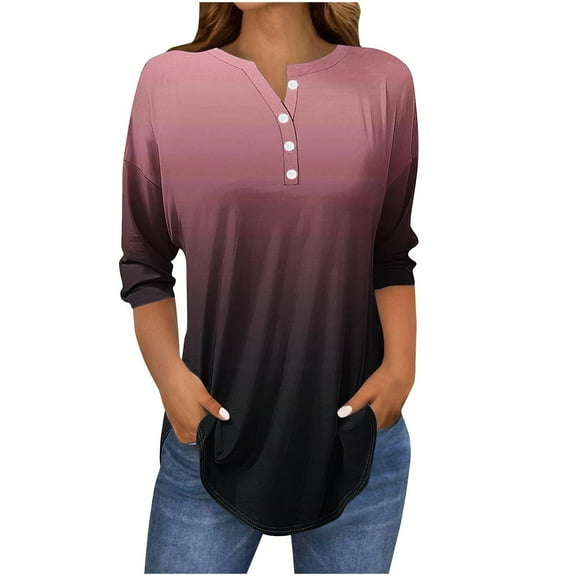 Kaemgyyd Womens Tops Summer V Neck 3/4 Sleeve Button T Shirt Loose Boyfriend Gradation Curved Hem Blouse