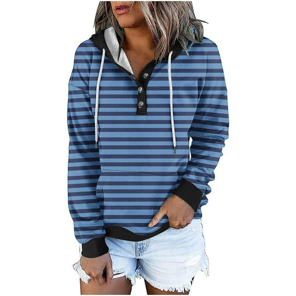 Kaemgyyd Womens Tops Button Collar Drawstring Hoodies Casual Long Sleeve Pullover Trendy Stripe Sweatshirts with Pockets
