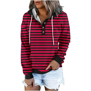 Kaemgyyd Womens Tops Button Collar Drawstring Hoodies Casual Long Sleeve Pullover Trendy Stripe Sweatshirts with Pockets