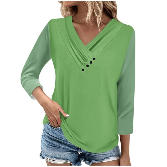 Kaemgyyd Womens Tops Color Block 3/4 Sleeve T Shirts V Neck Fashion Blouse Button Casual Loose Outfits Clothes