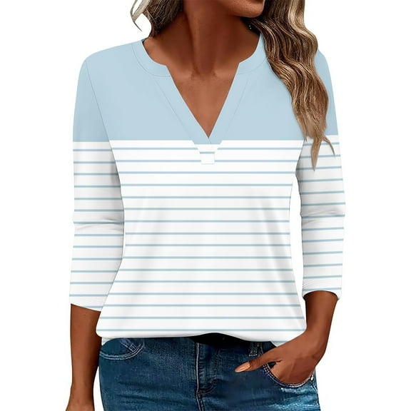 Kaemgyyd Womens Tops Fall Trendy V Neck 3/4 Length Sleeve T-Shirt Casual Loose Color Block Tunic Blouse