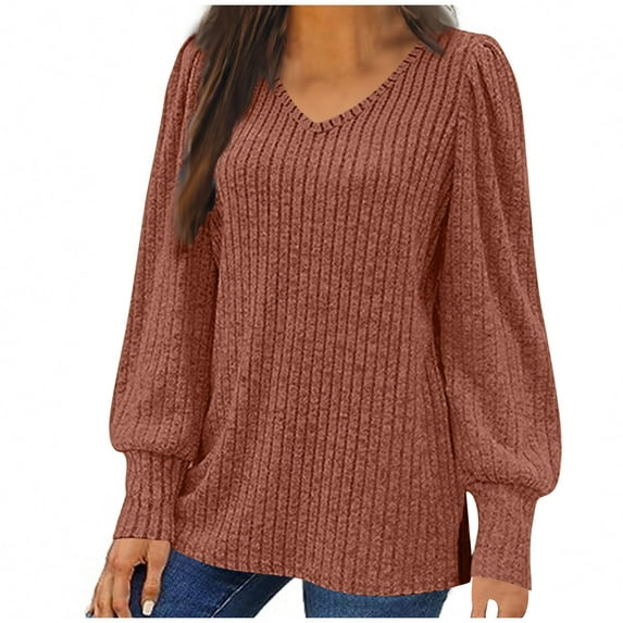 Kaemgyyd Womens Tops Fall Warm Ribbed Knit Sweater Casual Loose Fit V Neck Lantern Long Sleeve Pullover Fashion Clothing