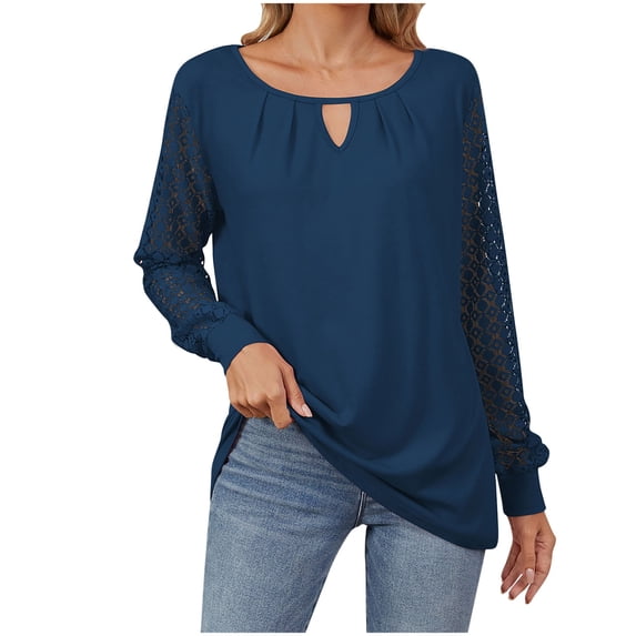 Kaemgyyd Womens Tops Keyhole Shirts Crewneck Patchwork Lace Long Sleeve Blouses Solid Color Pullover Business Casual Outfit