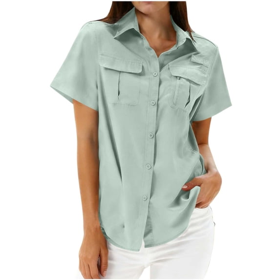 Kaemgyyd Womens Tops Lightweight Short Sleeve Sun Protection T-Shirts Loose Collared Button Down Cargo Shirt for Casual Work