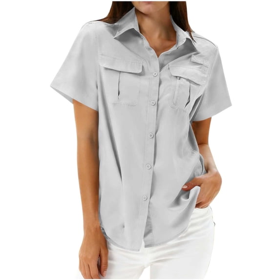 Kaemgyyd Womens Tops Lightweight Short Sleeve Sun Protection T-Shirts Loose Collared Button Down Cargo Shirt for Casual Work