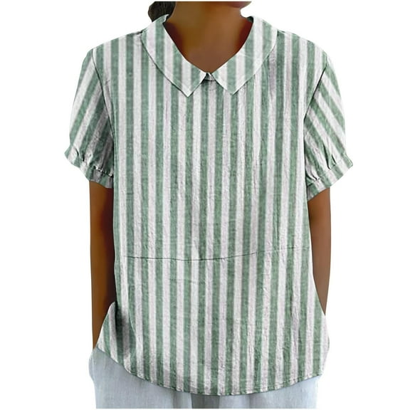Kaemgyyd Womens Tops Plus Size Stripes Babydoll Linen Shirt Lightweight Cute Short Sleeve Loose Fit Blouse for Beach Vaction