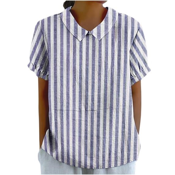 Kaemgyyd Womens Tops Plus Size Stripes Babydoll Linen Shirt Lightweight Cute Short Sleeve Loose Fit Blouse for Beach Vaction