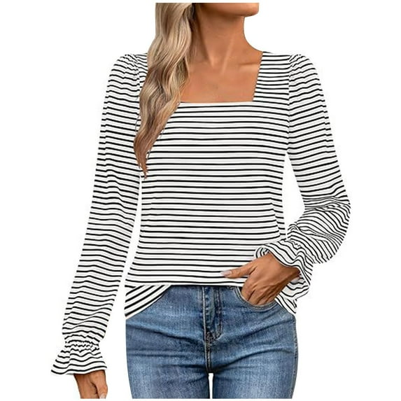 Kaemgyyd Womens Tops Ruffle Long Sleeve T Shirts Striped Square Neck Tunic Blouses Loose Trendy Casual Tee
