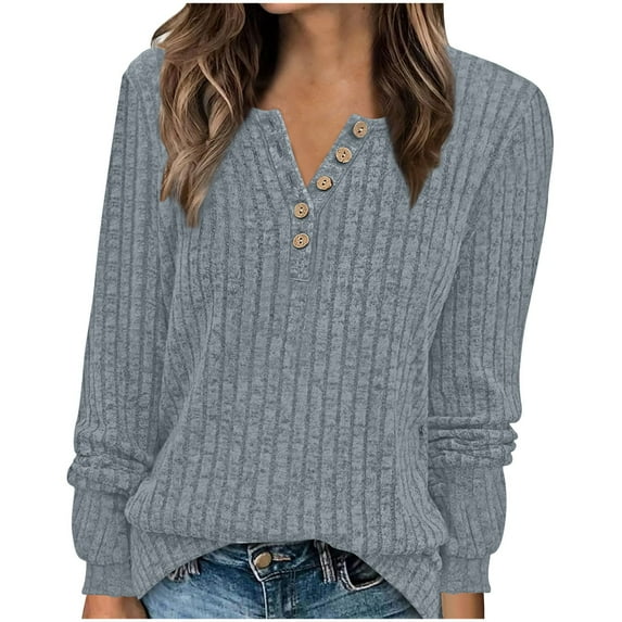 Kaemgyyd Womens Tops Soft Loose Solid Color Long Sleeve Ribbed Knit Tunic Blouse V Neck Button Basic Sweaters for Women